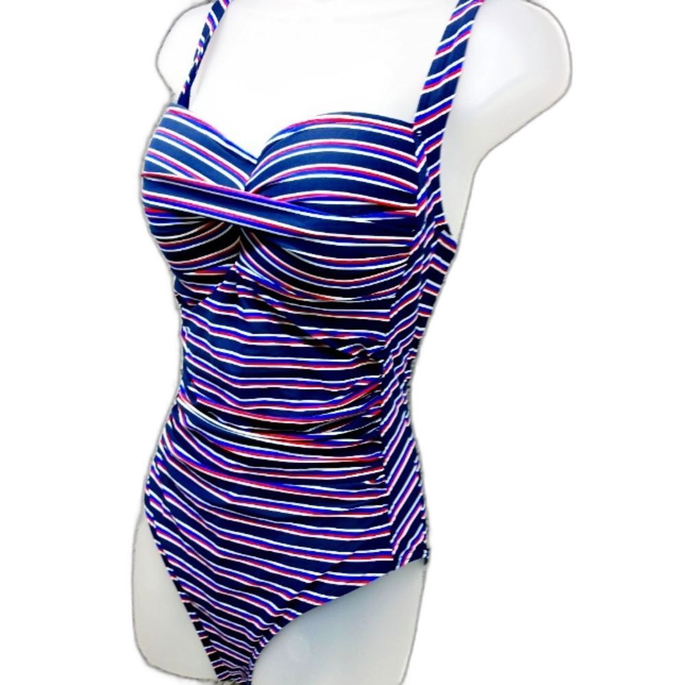 NipTuck Swim Womans 10. Fits C- DD. Striped One Piece  Swimsuit. Flattering.....